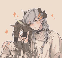 Rule 34 | 2girls, ajiajia1104, alternate hairstyle, arknights, black choker, braid, brown background, brown hair, brown sweater, cellphone, choker, closed mouth, commentary request, dragon horns, earclip, feather hair, hair bun, hand on another&#039;s shoulder, highres, holding, holding phone, horns, long hair, long sleeves, looking at viewer, medium hair, multiple girls, nail polish, orange eyes, orange nails, phone, saria (arknights), silence (arknights), silver hair, simple background, single braid, single hair bun, sleeves past wrists, smartphone, sparkle, sweater, taking picture, upper body