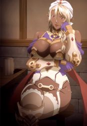 Rule 34 | 10s, 1girl, absurdres, bikini warriors, breasts, dark elf, dark elf (bikini warriors), dark skin, elf, highres, large breasts, long hair, pointy ears, red eyes, sitting, solo, stitched, third-party edit