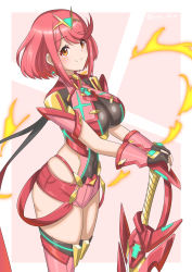Rule 34 | absurdres, aegis sword (xenoblade), black gloves, breasts, chest jewel, earrings, fingerless gloves, gem, gloves, headpiece, highres, jewelry, large breasts, pyra (xenoblade), red eyes, red hair, red shorts, ryochan96154, short hair, short shorts, shorts, swept bangs, sword, thighhighs, tiara, weapon, xenoblade chronicles (series), xenoblade chronicles 2