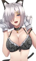 Rule 34 | 1girl, absurdres, animal ears, bell, belt, belt collar, black bra, blue eyes, bow, bow bra, bra, breasts, cat ears, cat tail, cleavage, collar, floral print, gloves, hair ornament, hair over one eye, hairpin, hamakaze (kancolle), harris hero, highres, jingle bell, kantai collection, large breasts, looking at viewer, medium hair, midriff, neck bell, open mouth, silver hair, simple background, solo, tail, underwear, upper body, white background, white gloves