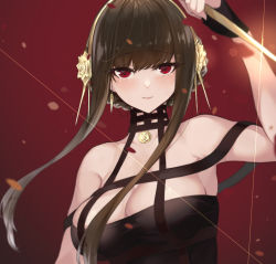 Rule 34 | 1girl, bare shoulders, black dress, black gloves, black hair, blush, breasts, cleavage, commentary, dress, fingerless gloves, gloves, hairband, hand up, holding, holding weapon, large breasts, long hair, looking at viewer, red background, red eyes, reverse grip, sidelocks, solo, spy x family, upper body, ura illust, weapon, yor briar