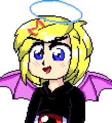 Rule 34 | 1girl, bad id, bad twitter id, hairclip, bat wings, black sweater, blonde hair, blue eyes, dungeon toaster, evil eye sigma, eyeball, halo, humanization, inactive account, open mouth, pixel art, red eyes, simple background, solo, sweater, touhou, touhou (pc-98), wings, zun (style)