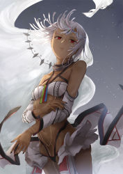 Rule 34 | 10s, 1girl, altera (fate), bandeau, bare shoulders, black nails, black panties, breasts, collarbone, cowboy shot, dark-skinned female, dark skin, detached sleeves, fate/extella, fate/extra, fate (series), floating hair, full-body tattoo, grey background, grey hair, half-closed eyes, halterneck, head tilt, kachi, leg tattoo, legs together, light rays, looking at viewer, nail polish, navel, panties, parted lips, print sleeves, pubic tattoo, red eyes, short hair, showgirl skirt, skirt, small breasts, solo, standing, stomach, stomach tattoo, tattoo, underwear, weapon, white bandeau, white skirt, wind