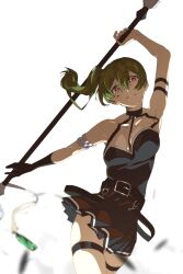 Rule 34 | 1girl, arm strap, arm up, armlet, armpits, asymmetrical hair, belt, black belt, black choker, black dress, black gloves, breasts, choker, cleavage, closed mouth, commentary, cowboy shot, dress, elbow gloves, english commentary, gem, gloves, green gemstone, green hair, hamha s, holding, holding staff, looking at viewer, medium breasts, medium hair, o-ring, o-ring top, pleated skirt, purple eyes, short dress, side ponytail, simple background, single elbow glove, skirt, sleeveless, sleeveless dress, solo, sousou no frieren, staff, standing, thigh strap, ubel (sousou no frieren), white background