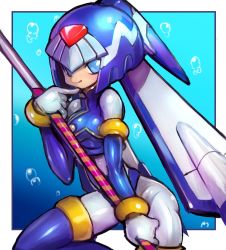 Rule 34 | 1girl, android, blue background, blue eyes, blush, bubble, capcom, dakusuta, detached sleeves, gloves, helmet, highres, holding, holding staff, leaning forward, fairy leviathan (mega man), outside border, mega man (series), mega man zero (series), smile, solo, staff, thighhighs, tongue, tongue out, white gloves