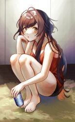 Rule 34 | 1girl, barefoot, beer can, black shorts, brown eyes, brown hair, can, closed mouth, collar x malice, drink can, feet, green eyes, head rest, highres, hoshino ichika (collar x malice), looking at viewer, multicolored eyes, orenjisiro, red tank top, rug, shorts, solo, tank top, toes, wall, wooden floor