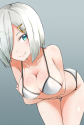 Rule 34 | 10s, 1girl, aqua eyes, bikini, breast hold, breast lift, breasts, cleavage, comah, hair ornament, hair over one eye, hairclip, hamakaze (kancolle), kantai collection, large breasts, leaning forward, looking at viewer, navel, short hair, silver hair, simple background, smile, solo, swimsuit