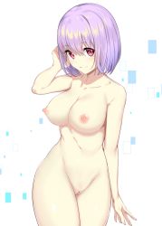 Rule 34 | 10s, 1girl, arm at side, blush, breasts, cleft of venus, cowboy shot, female focus, gridman universe, tucking hair, hand up, highres, icomochi, large breasts, light purple hair, looking at viewer, navel, nipples, nude, nude filter, pussy, red eyes, shinjou akane, short hair, smile, solo, ssss.gridman, standing, third-party edit, uncensored