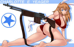 Rule 34 | 1girl, animal ears, ass, bare shoulders, barefoot, bikini, blue eyes, breasts, brown hair, browning automatic rifle, character name, charlotte e. yeager, cleavage, gun, huge breasts, komusou (jinrikisha), long hair, machine gun, rabbit ears, rabbit girl, rabbit tail, red bikini, rifle, solo, star (symbol), strike witches, swimsuit, tail, weapon, world witches series