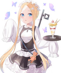 Rule 34 | 1girl, abigail williams (fate), abigail williams (festival outfit) (fate), artist request, black skirt, blonde hair, blue eyes, blush, breasts, bug, butterfly, dress, fate/grand order, fate (series), forehead, heroic spirit festival outfit, highres, insect, key, keyhole, layered skirt, long hair, long sleeves, looking at viewer, maid headdress, official alternate costume, open mouth, parfait, parted bangs, sash, simple background, skirt, sleeves past fingers, sleeves past wrists, small breasts, stuffed animal, stuffed toy, teddy bear, tray, white dress