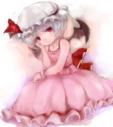 Rule 34 | 1girl, arm support, bad id, bad pixiv id, bat wings, dress, faux traditional media, hat, hat ribbon, highres, looking at viewer, maccha cocoa, maccha cocoa (mococo), mob cap, pink dress, pink eyes, remilia scarlet, ribbon, sash, silver hair, sitting, sleeveless, sleeveless dress, solo, touhou, traditional media, wings, wrist cuffs