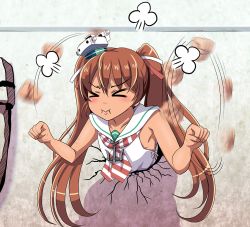 Rule 34 | &gt; &lt;, 1girl, bare arms, bare shoulders, brown hair, closed eyes, closed mouth, commentary request, crack, cracked wall, dark-skinned female, dark skin, dress, flailing, hair ribbon, hat, kabe ni hamatte ugokenai!, kantai collection, libeccio (kancolle), long hair, mini hat, necktie, parody, ribbon, sailor dress, solo, striped necktie, striped neckwear, tan, tk8d32, twintails, wall, wavy mouth