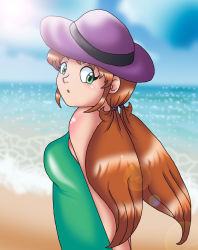 Rule 34 | 1girl, android, archie comics, arms behind back, beach, bikini, capcom, day, green eyes, hat, highres, long hair, looking at viewer, mega man (series), ponytail, quake woman, robot girl, sidelocks, swimsuit, twintails, water