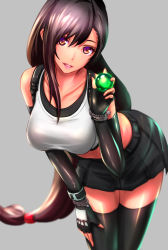 Rule 34 | 1girl, absurdres, arm up, bare shoulders, black thighhighs, breasts, brown eyes, brown hair, collarbone, detached sleeves, final fantasy, final fantasy vii, final fantasy vii remake, grey background, hair between eyes, highres, holding, large breasts, leaning forward, long hair, long sleeves, low-tied long hair, materia, midriff, open mouth, shirt, simple background, skirt, sports bra, square enix, suspender skirt, suspenders, swept bangs, tank top, taut clothes, thighhighs, tifa lockhart, ura dora, white shirt, zettai ryouiki
