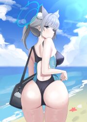 Rule 34 | 1girl, absurdres, animal ears, ass, bare arms, bare legs, bare shoulders, beach, black one-piece swimsuit, blue archive, blue eyes, blue halo, breasts, closed mouth, competition swimsuit, cowboy shot, day, extra ears, from behind, grey hair, halo, highres, korean commentary, looking at viewer, looking back, medium breasts, medium hair, mouche, ocean, official alternate costume, one-piece swimsuit, outdoors, shiroko (blue archive), shiroko (swimsuit) (blue archive), solo, swimsuit, wolf ears