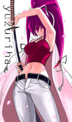 Rule 34 | 1girl, armpits, belt, breasts, character name, hair intakes, hair ribbon, hand on hilt, highres, jacket, jacket on shoulders, large breasts, long hair, midriff, navel, ootachi, open fly, pants, ponytail, purple hair, red eyes, ribbon, sheath, smile, solo, tank top, tetsu (kimuchi), under night in-birth, unsheathing, unzipped, very long hair, yuzuriha (under night in-birth)