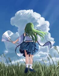 Rule 34 | 1girl, absurdres, blue footwear, blue skirt, blue sky, commentary, detached sleeves, english commentary, from behind, gohei, grass, green hair, highres, holding, kochiya sanae, long hair, ourie, outdoors, ribbon-trimmed sleeves, ribbon trim, skirt, sky, socks, solo, touhou, white socks