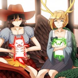 Rule 34 | 2girls, bare legs, belt, black hair, black wings, blonde hair, blue shirt, boots, bow, breasts, brown footwear, cowboy boots, cowboy hat, dot nose, dragon tail, feathered wings, ghost, glowing, grey skirt, hat, holding, hug, kicchou yachie, knee boots, kurokoma saki, long sleeves, multiple girls, otter spirit (touhou), plaid, plaid skirt, puffy short sleeves, puffy sleeves, red eyes, reptilian, shirt, short hair, short sleeves, sitting, skirt, smile, spirit, sunnysideup, sweatdrop, tail, tortoise, touhou, turtle, turtle shell, v-shaped eyebrows, wide sleeves, wily beast and weakest creature, wings, wolf spirit (touhou)