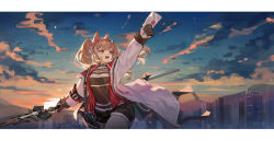Rule 34 | 1girl, :d, absurdres, angelina (arknights), animal ears, arknights, black gloves, black shirt, black shorts, brown eyes, brown hair, cityscape, cloud, coat, cowboy shot, envelope, floating hair, fox ears, gloves, gradient sky, hairband, highres, holding, holding envelope, holding staff, infection monitor (arknights), jacket, letterboxed, long hair, long sleeves, looking away, looking to the side, open clothes, open coat, open jacket, open mouth, outdoors, red hairband, red jacket, shirt, shorts, sky, smile, solo, staff, sun, sunligh mao, twilight, twintails, two-tone hairband, unzipped, white coat, wind