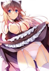 Rule 34 | 1girl, absurdres, animal ears, apron, blonde hair, blue eyes, blush, breasts, brown hair, cat ears, cat tail, clothes lift, detached collar, dress, dress lift, dutch angle, from below, garter belt, highres, large breasts, lifting own clothes, maid headdress, misaki kurehito, nipples, no bra, open clothes, open shirt, original, panties, parted lips, ribbon, scan, shirt, simple background, skirt, skirt lift, solo, tail, thighhighs, underwear, waist apron, white background, white panties, white thighhighs