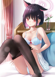 Rule 34 | 1girl, animal ears, bare arms, bare shoulders, black hair, black pantyhose, blue archive, blunt bangs, blunt ends, blush, bob cut, bra, breasts, c.u.wa, cameltoe, cat ears, clothes pull, collarbone, colored inner hair, commentary, day, dressing, extra ears, feet out of frame, flower, hair behind ear, hair ornament, hairclip, halo, highres, indoors, kazusa (blue archive), looking at viewer, lying, medium breasts, miniskirt, multicolored hair, no shoes, on back, open mouth, panties, pantyhose, pantyhose pull, pink flower, pink hair, pink halo, pleated skirt, red eyes, sidelighting, skindentation, skirt, solo, sunlight, thighs, tsurime, underwear, white bra, white panties, white skirt