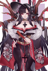 Rule 34 | 1girl, absurdly long hair, absurdres, azur lane, bare shoulders, black feathers, black flower, black hair, black hat, black kimono, black sash, branch, breasts, cleavage, cross, cross necklace, feather boa, feathers, flower, folded fan, folding fan, hand fan, hat, hat flower, highres, holding, holding fan, japanese clothes, jewelry, kimono, kive, large breasts, long hair, looking at viewer, necklace, off shoulder, official alternate costume, peter strasser (azur lane), peter strasser (chronos&#039;s kalendae) (azur lane), red eyes, sash, solo, sun hat, very long hair, wide sleeves