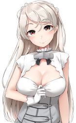 Rule 34 | 1girl, absurdres, blush, breasts, brown hair, cleavage, cleavage cutout, clothes pull, clothing cutout, conte di cavour (kancolle), dress, dress pull, gloves, grey dress, highres, kantai collection, kiritto, large breasts, light brown hair, looking at viewer, simple background, sleeveless, sleeveless dress, smile, solo, upper body, white background, white dress, white gloves