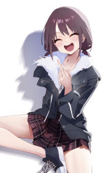 Rule 34 | 1girl, absurdres, azusa hina, black footwear, black jacket, chinese commentary, closed eyes, commentary request, fur-trimmed jacket, fur trim, girls band cry, highres, iseri nina, jacket, looking at viewer, middle finger, open clothes, open jacket, open mouth, plaid, plaid skirt, red hair, red skirt, shadow, shirt, shoes, short twintails, sitting, skirt, smile, sneakers, solo, teeth, twintails, upper teeth only, white shirt
