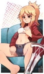 Rule 34 | 1futa, bandeau, belt, blonde hair, blush, breasts, bulge, commission, denim, denim shorts, fate/apocrypha, fate (series), futanari, grabbing own breast, green eyes, highres, jacket, long hair, long sleeves, medium breasts, mordred (fate), mordred (fate/apocrypha), mordred (memories at trifas) (fate), navel, open clothes, open jacket, pokilewd, ponytail, short shorts, shorts, sitting, solo, spread legs, sword, weapon