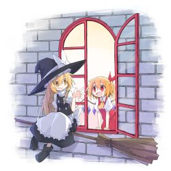 Rule 34 | 2girls, apron, asameshi, black footwear, black headwear, black skirt, black vest, blonde hair, blush stickers, bow, braid, broom, broom riding, building, crystal, flandre scarlet, hair ribbon, hand up, hat, hat bow, kirisame marisa, leaning forward, long hair, looking outside, multiple girls, open mouth, open window, red eyes, red ribbon, red skirt, red vest, ribbon, shirt, short sleeves, side ponytail, single braid, skirt, smile, touhou, vest, waist apron, white bow, white shirt, window, wings, witch hat, yellow eyes, yellow neckwear