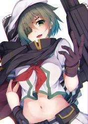 Rule 34 | 10s, 1girl, black gloves, brown gloves, crop top, eyepatch, gloves, green eyes, green hair, hair over one eye, hand up, highres, kantai collection, kiso (kancolle), kiso kai ni (kancolle), looking at viewer, midriff, navel, open mouth, pleated skirt, rerrere, rigging, short hair, short sleeves, simple background, skirt, smile, solo, teeth, upper body, white background, white skirt