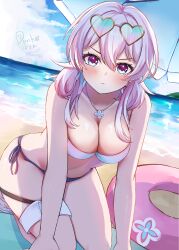 Rule 34 | 1girl, absurdres, alternate breast size, beach, blue eyes, blush, breasts, cleavage, closed mouth, commentary request, earrings, eyewear on head, highres, honkai: star rail, honkai (series), innertube, jewelry, large breasts, looking at viewer, march 7th (honkai: star rail), medium hair, parika, pink eyes, pink hair, signature, single earring, solo, swim ring, swimsuit, two-tone eyes