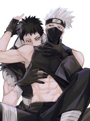 Rule 34 | 2boys, abs, armpits, black gloves, black hair, black pants, clothes lift, colored skin, fingerless gloves, forehead protector, gloves, hatake kakashi, highres, lifting another&#039;s clothes, male focus, mask, mouth mask, multicolored skin, multiple boys, naruto (series), naruto shippuuden, navel, pants, rinnegan, scar, scar across eye, scar on face, sharingan, shirt, shirt lift, short hair, sleeveless, sleeveless shirt, two-tone skin, uchiha obito, yaoi