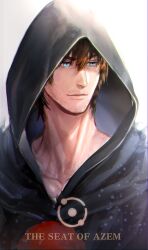 Rule 34 | 1boy, adventurer (ff14), backlighting, brown hair, collarbone, english text, facial hair, final fantasy, final fantasy xiv, highres, hood, hood up, hyur, looking to the side, male focus, mature male, multicolored eyes, mustache stubble, robe, sagenoodles, short hair, smile, solo, sparse stubble, stubble, thick eyebrows, warrior of light (ff14)