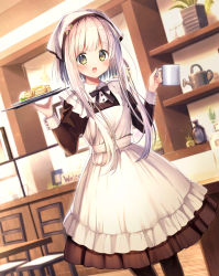 Rule 34 | 1girl, :d, apron, bad id, bad pixiv id, black bow, black pantyhose, blush, bow, brown dress, brown eyes, chair, collared shirt, commentary request, cup, dress, feet out of frame, flower, food, frilled apron, frills, hair flower, hair ornament, head scarf, highres, holding, holding cup, holding tray, indoors, juliet sleeves, long sleeves, looking at viewer, maid apron, mug, open mouth, original, pancake, pancake stack, pantyhose, pink flower, plate, puffy sleeves, shirt, smile, solo, standing, table, tray, waitress, watering can, white apron, white hair, white shirt, yomogi komegura