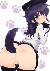 Rule 34 | 10s, 1girl, akatsuki (kancolle), anal tail, ass, blush, butt plug, censored, cleft of venus, dog tail, fake tail, female focus, haku-un, hat, highres, kantai collection, looking back, pussy, sex toy, solo, tagme, tail