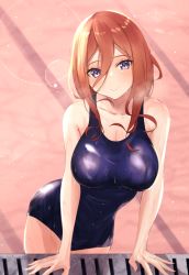 Rule 34 | 1girl, bare shoulders, blue eyes, blue one-piece swimsuit, blush, breasts, brown hair, cleavage, closed mouth, collarbone, cowboy shot, go-toubun no hanayome, hair between eyes, large breasts, leaning forward, lens flare, long bangs, long hair, looking at viewer, nakano miku, one-piece swimsuit, pool, school swimsuit, smile, solo, swimsuit, wet, yuzu ren