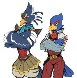Rule 34 | 2boys, beak, bird boy, commentary, crossed arms, crossover, english commentary, falco lombardi, furry, furry male, green eyes, highres, jacket, look-alike, looking at another, male focus, multiple boys, nintendo, revali, rito, shanzehpoo, simple background, standing, star fox, tail, the legend of zelda, the legend of zelda: breath of the wild, trait connection, white background, winged arms, wings