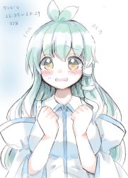 Rule 34 | 1girl, ahoge, bare shoulders, blue background, blush, breasts, collared shirt, commentary request, detached sleeves, eyes visible through hair, green hair, hair between eyes, hair ornament, hair tubes, hands up, kochiya sanae, large breasts, long hair, long sleeves, looking at viewer, one-hour drawing challenge, open mouth, shirt, snake hair ornament, solo, standing, tanikake yoku, touhou, translation request, white background, white shirt, wide sleeves, yellow eyes
