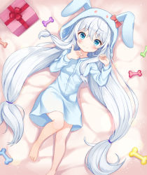Rule 34 | absurdres, animal ears, animal hood, barefoot, blue dress, blue eyes, blue hair, blush, rabbit ears, rabbit hood, dress, fake animal ears, feet, full body, gift, highres, hood, long hair, low-tied long hair, low twintails, lying, on back, smile, soulworker, stella unibell, toes, twintails, very long hair