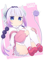 Rule 34 | 1girl, :|, beads, blue eyes, border, capelet, character name, child, closed mouth, commentary, dated, dragon girl, dress, expressionless, full body, hair beads, hair ornament, hairband, highres, horns, kanna kamui, knees to chest, kobayashi-san chi no maidragon, lace-up, light purple hair, long hair, looking at viewer, pink background, pink hair, red footwear, samansa ex, simple background, solo, tail, thighhighs, twintails, white background, white border, white thighhighs