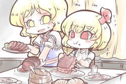 Rule 34 | 2girls, alice margatroid, blonde hair, bow, bowl, bread, doku corne, eating, food, food on face, glass, hair bow, meat, multiple girls, napkin, open mouth, plate, red eyes, rumia, serving, short hair, sitting, table, touhou, yellow eyes