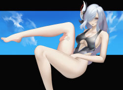 Rule 34 | 1girl, :o, absurdres, bare legs, barefoot, black one-piece swimsuit, blue eyes, blue hair, blue sky, boost404, breasts, cleavage, collarbone, feet out of frame, genshin impact, heart, heart-shaped pupils, highres, large breasts, leg up, legs, long hair, looking at viewer, one-piece swimsuit, open mouth, shenhe (genshin impact), simple background, sitting, sky, solo, swimsuit, symbol-shaped pupils, thighs, underboob