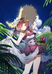 Rule 34 | 1girl, basket, blush, bottle, breasts, clothes lift, cloud, commentary request, dress, dress lift, fate/grand order, fate (series), food, frankenstein&#039;s monster (fate), fruit, hat, headpiece, horns, looking at viewer, medium breasts, night, night sky, palm tree, pink hair, purple eyes, short hair, single horn, sky, smile, solo, straw hat, sun hat, taoi bianshenbang, tree, watermelon, white dress