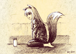 Rule 34 | 00s, 1girl, animal ears, barefoot, between thighs, fang, holo, kneeling, monochrome, open mouth, seiza, sitting, solo, spice and wolf, st.neet, st hawza, tail, thighs, wolf ears, wolf tail, yellow theme
