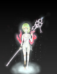Rule 34 | 1girl, ankle cuffs, black background, blue eyes, breasts, breath of fire, breath of fire v, collarbone, crystal, detached sleeves, dress, facial mark, full body, fumoto, gradient background, green hair, hair over one eye, holding, holding staff, kneehighs, nina (breath of fire v), no bra, no shoes, pointy ears, red wings, rod, see-through, short hair, simple background, sleeveless, sleeveless dress, small breasts, smile, socks, solo, staff, standing, tattoo, white dress, white socks, wings, wrist cuffs