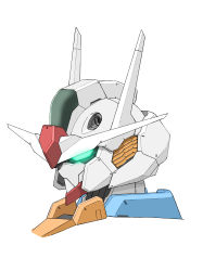 Rule 34 | absurdres, antennae, aron e, commentary, glowing, glowing eyes, green eyes, gundam, gundam aerial, gundam suisei no majo, head only, highres, horns, mecha, mobile suit, no humans, portrait, robot, science fiction, solo, v-fin, white background
