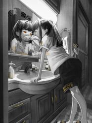 Rule 34 | 1girl, arm support, clothes writing, covering own mouth, crying, crying with eyes open, door, faucet, greyscale, hair intakes, hand up, highres, indoors, kagenoyuhi, leaning forward, long hair, looking at mirror, mirror, monochrome, orange eyes, original, ponytail, shirt, short sleeves, shorts, sink, slippers, soap dispenser, solo, spot color, standing, t-shirt, tears