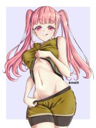 Rule 34 | 1girl, :q, absurdres, breasts, clothes pull, female focus, fire emblem, fire emblem: three houses, garreg mach monastery uniform, groin, gym uniform, highres, hilda valentine goneril, large breasts, long hair, matching hair/eyes, navel, nintendo, official alternate costume, pink eyes, pink hair, shorts, shorts pull, simple background, sleeveless, solo, steeb, tongue, tongue out, twintails, twitter username, underboob, uniform