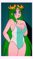 Rule 34 | 1girl, :o, alternate costume, arm behind back, blue one-piece swimsuit, blush, breasts, bright pupils, cowboy shot, green eyes, green hair, hachinos ssb, hand on own chest, highres, kid icarus, kid icarus uprising, large breasts, long hair, looking at viewer, nintendo, one-piece swimsuit, open mouth, palutena, solo, standing, striped clothes, striped one-piece swimsuit, swimsuit, thighs, tiara, very long hair, white one-piece swimsuit, white pupils